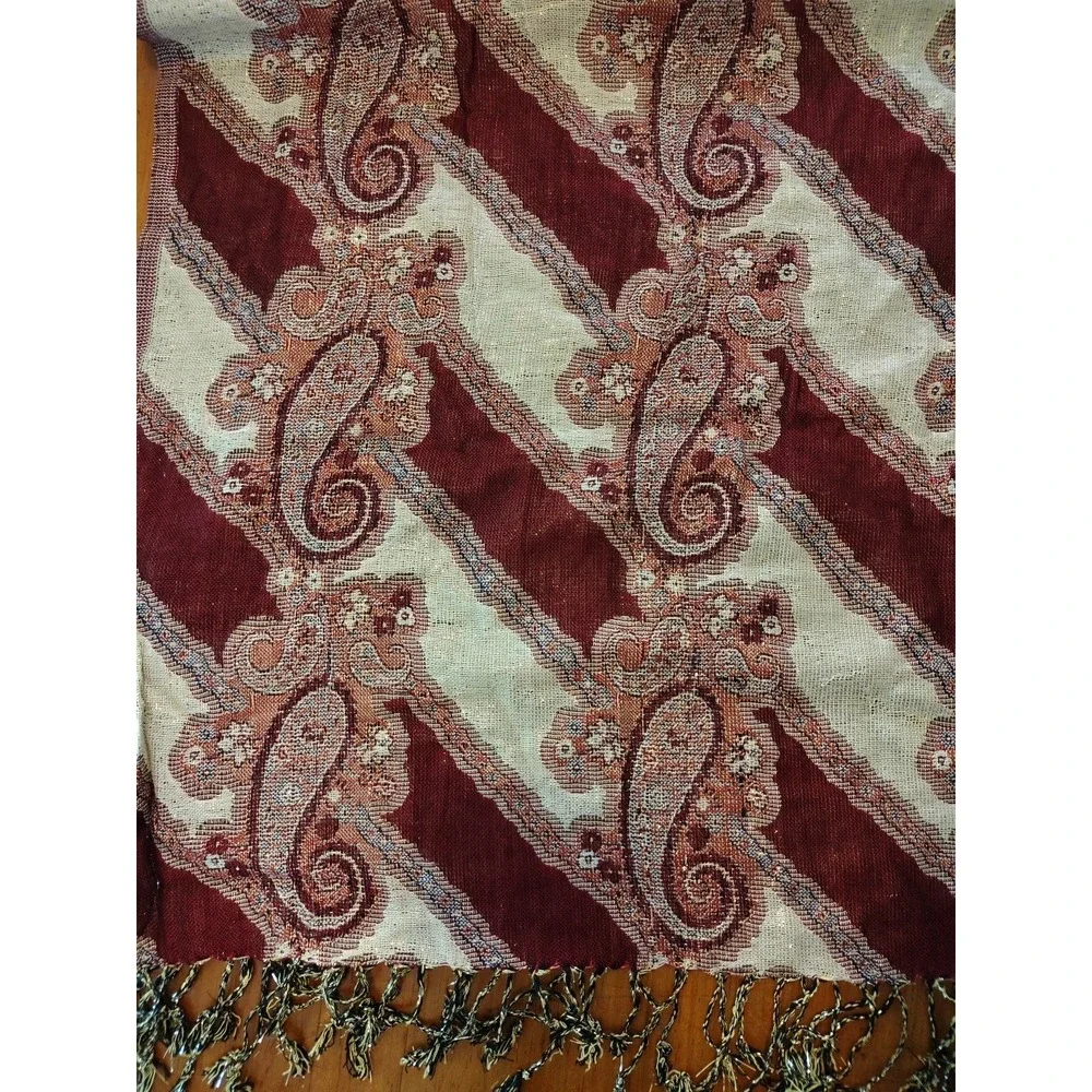 Metallic Paisley Shawl Scarf Wrap Burgundy Gold Boho Holiday Evening India‎